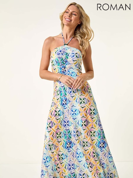 Roman Blue Petite Abstract Gathered Halter Midi Dress (W63198) | £50