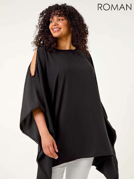 Roman Black Curve Bobble Trim Hanky Hem Tunic (W63205) | £42