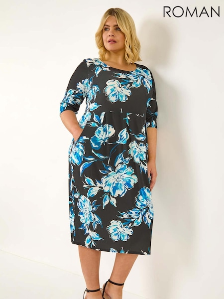 Roman Blue Curve Floral Print Pocket Dress (W63208) | £45