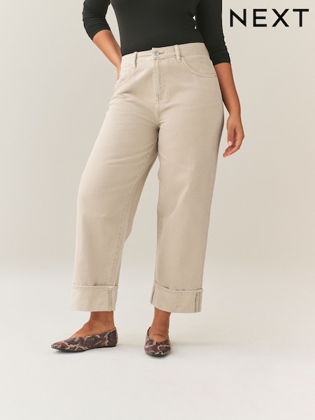 Stone Boyfriend Hourglass Wide Leg Mid Rise Turn Up Jeans (W63216) | £32