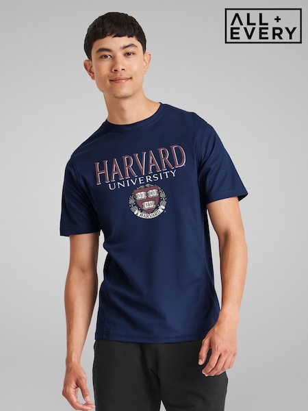 All + Every Blue Mens Harvard University Faded Veritas Crest 100% Cotton T-Shirt (W63339) | £25