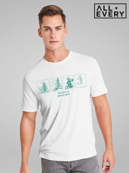 All + Every White Mens Moomin House The Door Is Always Open 80th Anniversary 100% Cotton T-Shirt (W63341) | £25
