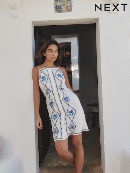 White Embroidered Mini Shift Dress With Linen (W63506) | £45