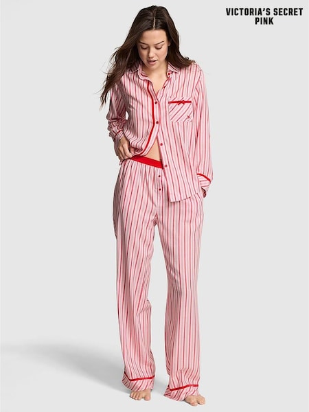 Victoria's Secret PINK Bright Vermillion Christmas Red Stripes Flannel Pyjamas Set (W63700) | £60