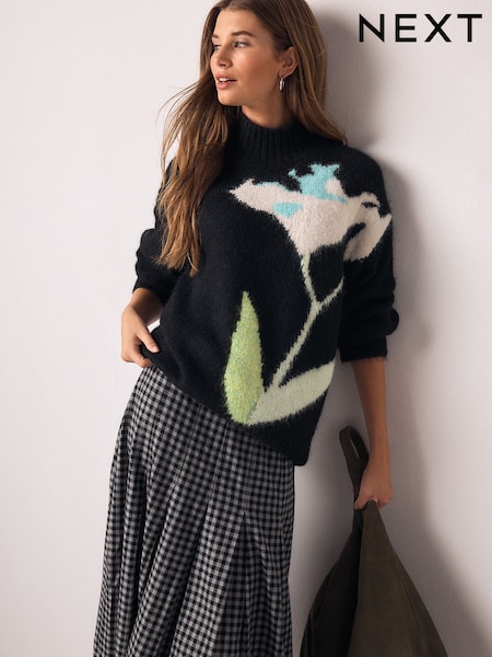 Black Floral Graphic Print Stand Neck Jumper With Wool (W63716) | £42