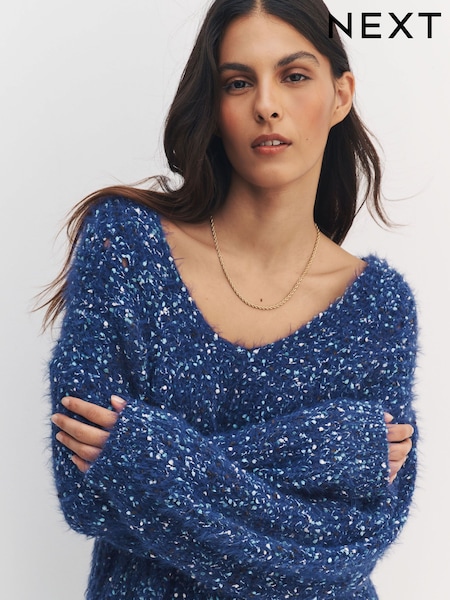 Navy Blue Neppy Fuzzy Texture V-Neck Knitted Jumper (W63725) | £36
