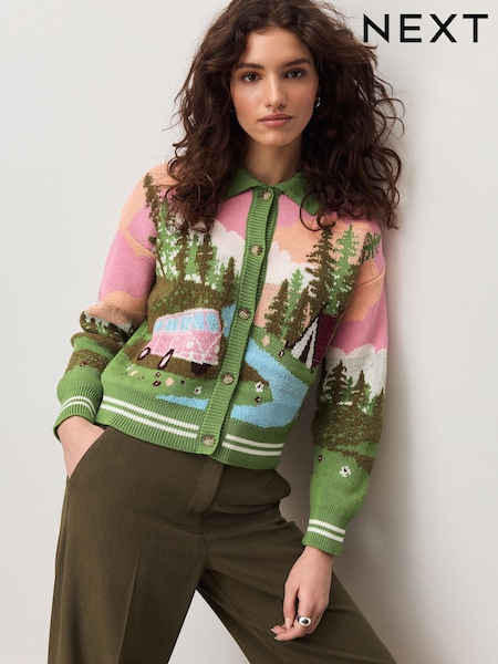 Multi Bright Camper Scene Landscape Collar Cardigan (W63733) | £48