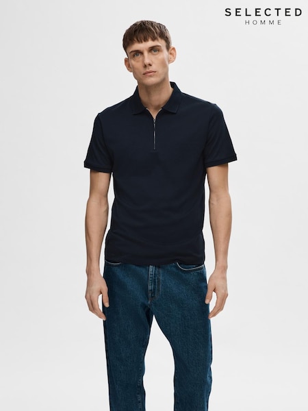 Selected Homme Blue Quarter Zip Short Sleeve Polo Shirt (W63981) | £32