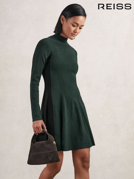 Reiss Green/Black Zadie Knitted Contrast-Panel Skater Dress (W63989) | £158