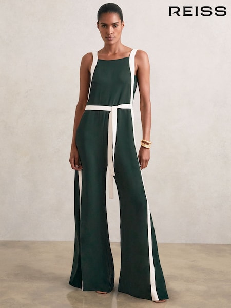 Reiss Dark Green/Cream Salma Colourblock Wide Leg Belted Jumpsuit (W64005) | £270