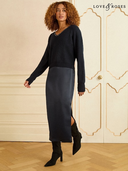 Love & Roses Navy Blue V-Neck Knitted 2 in 1 Slip Dress (W64215) | £68