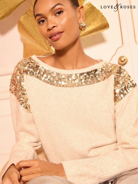 Love & Roses Ivory Gold Sequin Embellished Slash Neck Knitted Jumper (W64221) | £42