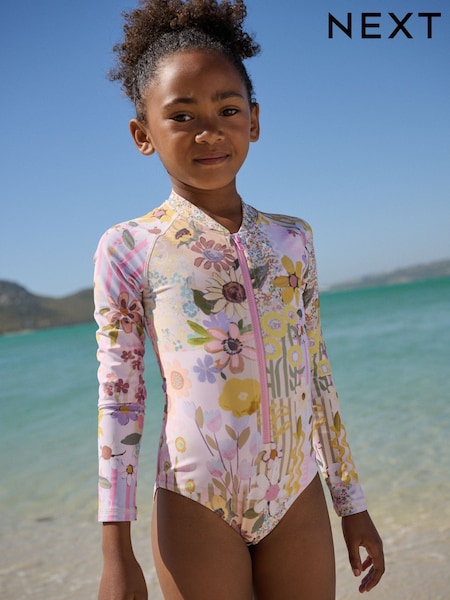 Pink Patchwork Floral Long Sleeve Sunsafe Swimsuit (3mths-16yrs) (W64241) | £16 - £22