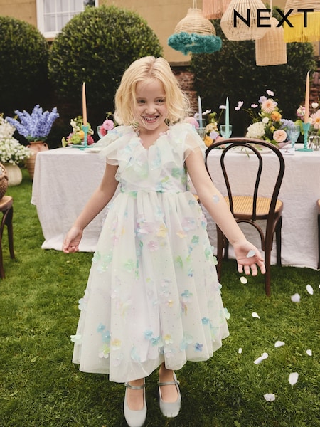 White 3D Flower Ruffle Mesh Occasion Dress (3-16yrs) (W64280) | £0