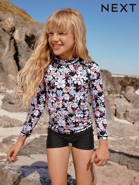 Black Floral Long Sleeve Sunsafe Rash Vest And Shorts Set (3-16yrs) (W64313) | £16 - £21