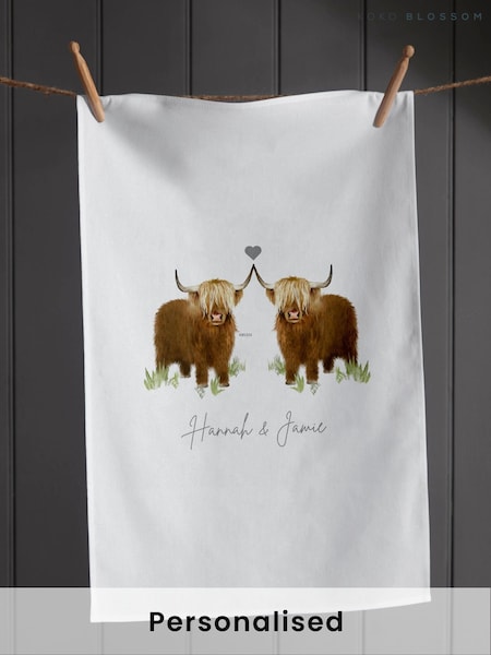 Personalised Couples Highland Cow Tea Towel by Koko Blossom by Koko Blossom (W64407) | £30