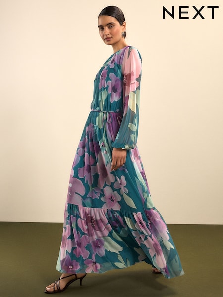 Green Floral Long Sleeve Mesh Maxi Dress (W64652) | £82