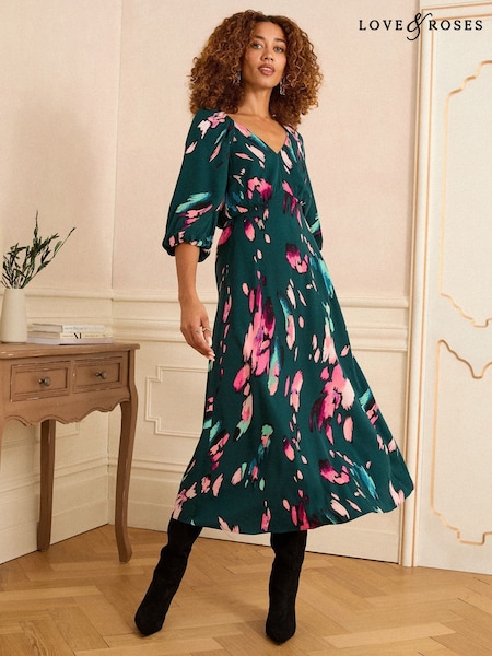 Love & Roses Green Animal Petite Printed V-Neck Puff Sleeve Midi Dress (W64823) | £62