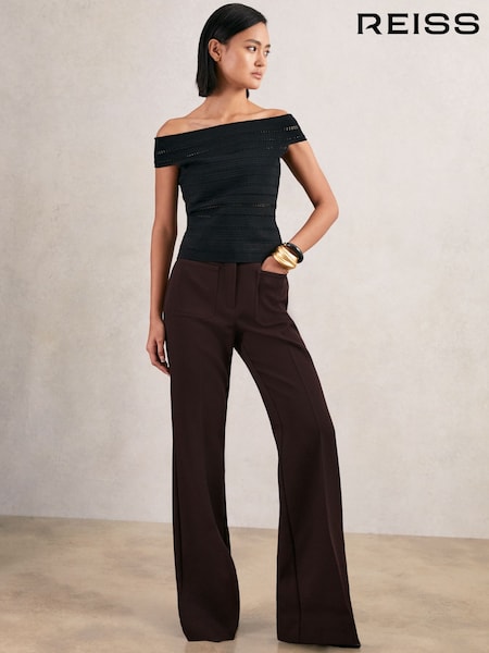 Reiss Chocolate Brown Priya Petite Twill Patch-Pocket Flared Trousers (W64874) | £150