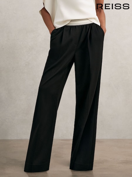 Reiss Black Camelia Petite Wide-Leg Contrast-Waistband Trousers (W64905) | £150