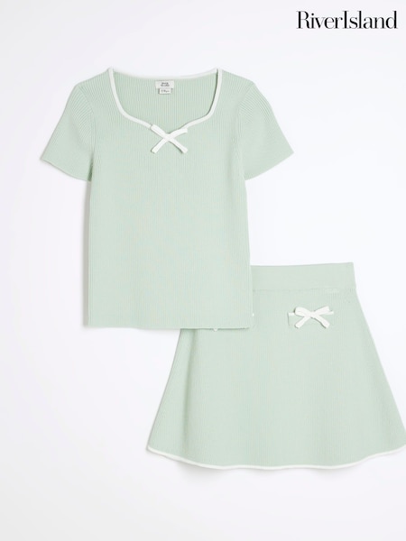 River Island Green Girls Knit Bow Skirt Set (W64915) | £32