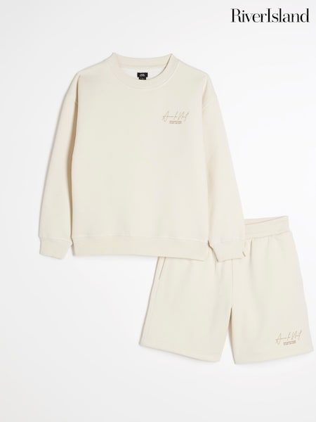 River Island Cream Boys Ame Le Nuit Crew Sweat Top & short Set (W64919) | £29