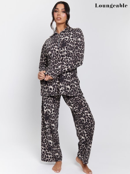 Loungeable Brown Leopard Soft Knit Long Sleeved 1/4 Zip Top and Wide Leg Trousers Set (W64948) | £45