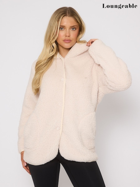 Loungeable Cream Borg Button Lounge Hooded Cardigan (W64951) | £24