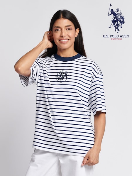 U.S. Polo Assn Blue Womens Monogram Rope Stripe T-Shirts (W65065) | £40