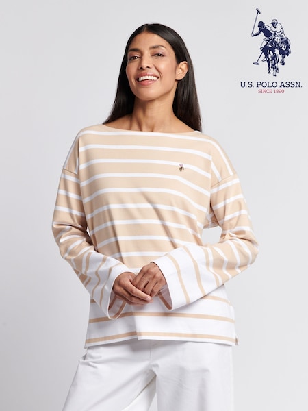 U.S. Polo Assn Natural Womens Colour Block Stripe Boatneck T-Shirt (W65082) | £40