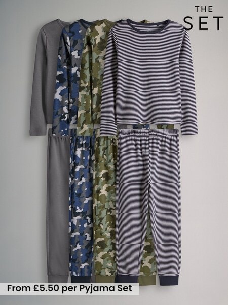The Set Navy Blue/Khaki/Charcoal Grey 4 Pack Snuggle Fit Cotton Jersey Pyjamas Set (W65116) | £22 - £26