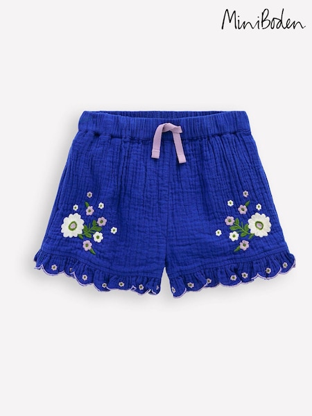 Boden Blue Double Embroidered Cloth Frill Hem Shorts (W65157) | £25 - £29