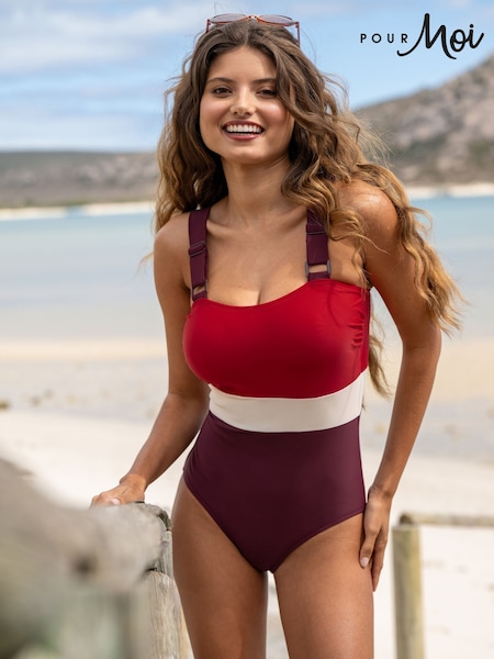 Pour Moi Red Palm Springs Colour Block Tummy Control Swimsuit (W65167) | £49