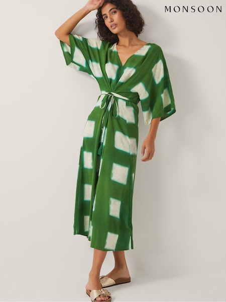 Monsoon Green Halia Geometric Tie Dye Kaftan Dress (W65318) | £69