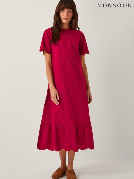 Monsoon Red Orla Short Sleeve Broderie Midi Dress (W65329) | £80