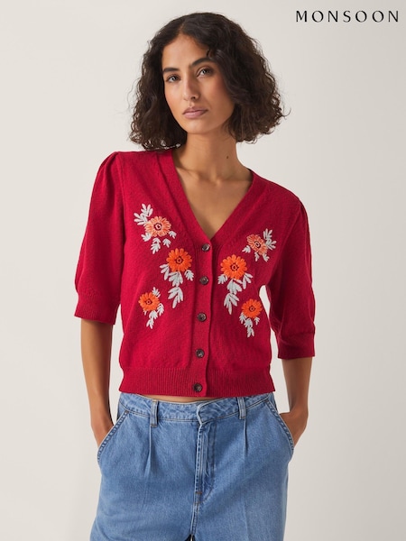Monsoon Red Ellen Short Sleeve Floral Print Embroidered Cardigan (W65335) | £69