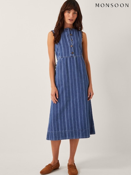 Monsoon Blue Ottilie Stripe Denim Midi Dress (W65337) | £85