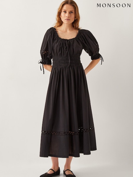 Monsoon Black Riley Puff Sleeve Embroidered Midi Dress (W65339) | £80