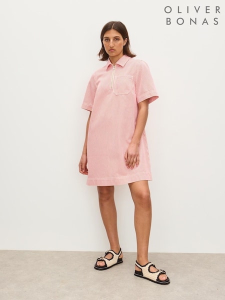 Oliver Bonas Red Striped Denim Half Zip Mini Dress (W65358) | £78