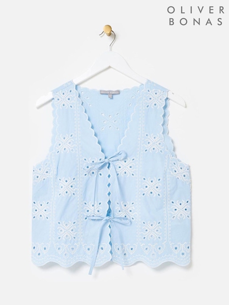 Oliver Bonas Blue Light Broderie Scalloped Tie Front Waistcoat (W65367) | £60