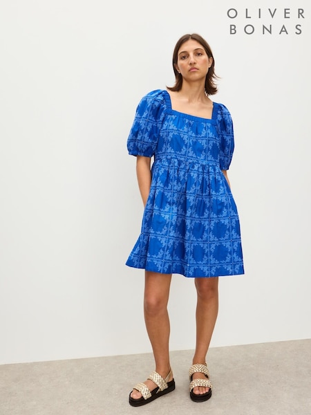 Oliver Bonas Blue Floral Print Broderie Tile Puff Sleeve Mini Dress (W65368) | £78