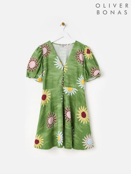 Oliver Bonas Green Summer Sun Linen Blend Mini Dress (W65382) | £75