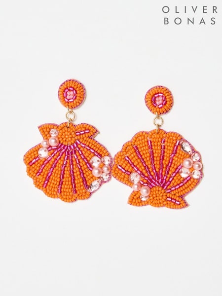 Oliver Bonas Orange Large Callia Beaded Shell & Faux Pearl Statement Earrings (W65383) | £24