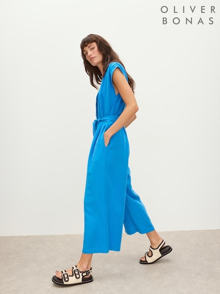 Oliver Bonas Blue V-Neck Tie Waist Sleeveless Jumpsuit (W65387) | £85