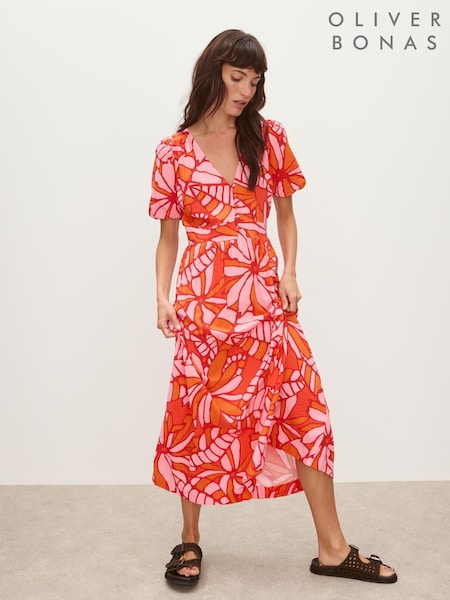 Oliver Bonas Pink Abstract Floral Print Puff Sleeve Midi Dress (W65388) | £80