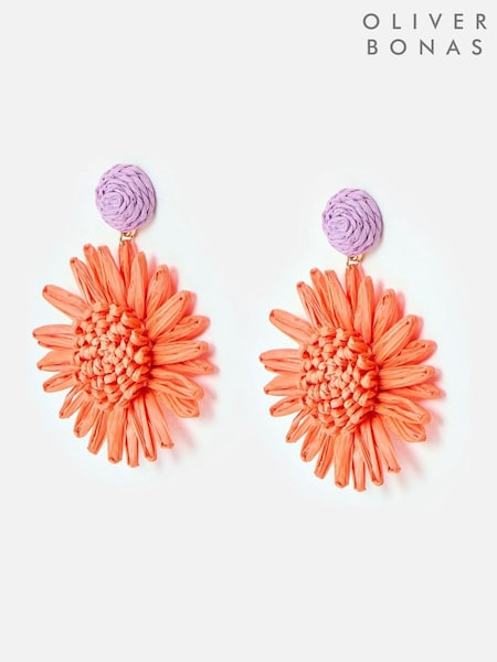 Oliver Bonas Orange Willa Raffia Flower Earrings (W65395) | £22