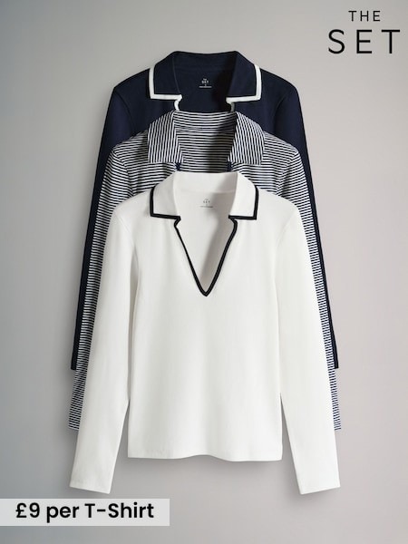 The Set Navy Blue/White/Stripe 3 Pack Tipped Collar Ribbed Long Sleeve T-Shirts (W65407) | £27