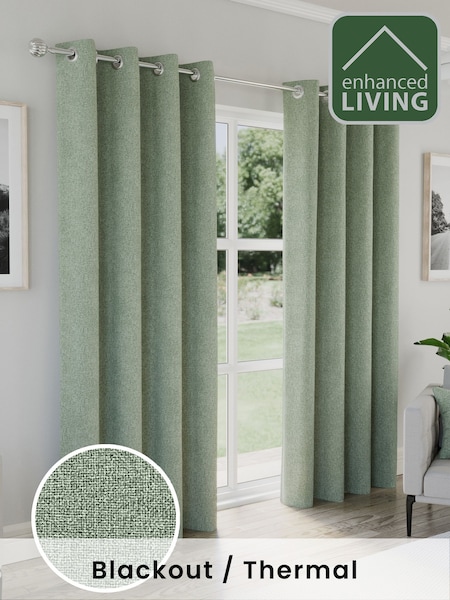 Enhanced Living Green Austin Blackout Thermal Linen Look Pair of Eyelet Curtains (W65440) | £35 - £100
