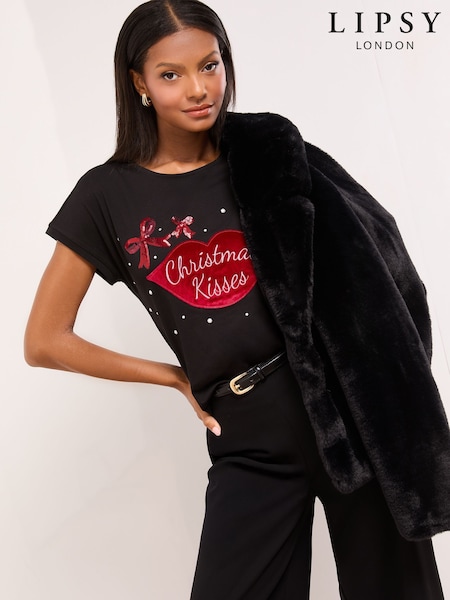 Lipsy Black Christmas Kisses Crew Neck T-Shirt (W65508) | £26