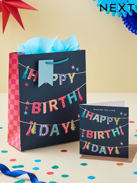 Navy Medium Bunting Gift Bag and Card Set (W65523) | £3.75